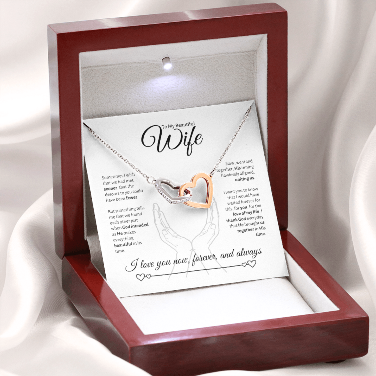 To My Beautiful Wife, In His Time, Interlocking Hearts Pendant Necklace